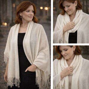 🤍 Soft Ivory Fringe Shawl / Scarf – Oversized Wrap – Winter White